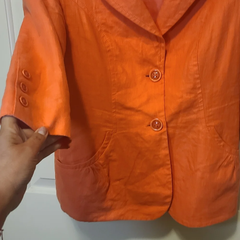 DELIRIUM Coral Orange Linen 3/4 Sleeve Blazer - Picture 3 of 11